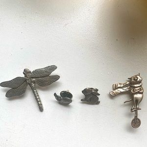 Set of 4 Silver Animal Pins (whale, rabbit, cat, dragonfly)